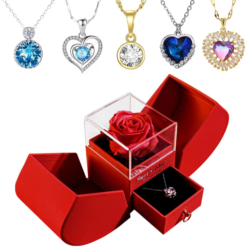 Gift for Women Eternal Rose Gift Box /W Heart Shiny Diamond Necklace Pendant Jewelry Box Set for Wedding Birthday Gift