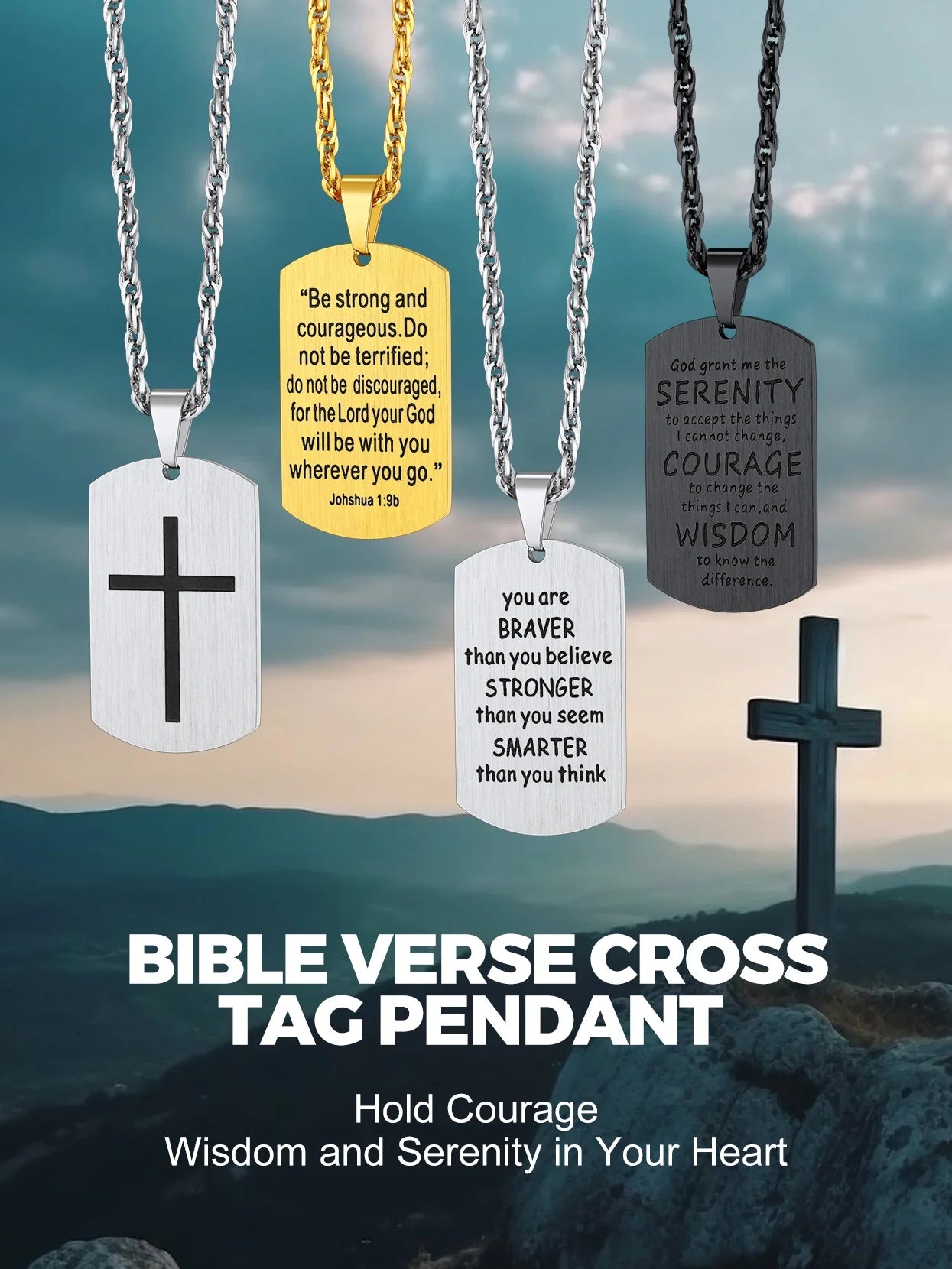 Cross Necklace Bible Verse Black Pendant for Men Stainless Steel Dog Tag Religious Jewelry Inspirational Gift for Husband Father Son